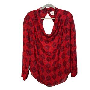 Cabi Red & Black Patterned Sheer Drape Neck Sz S  Blouse 3/4 Sleeves Lightweight